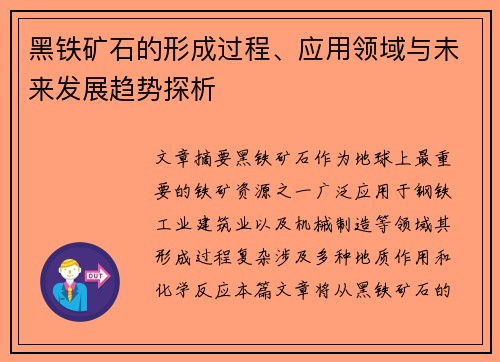 黑铁矿石的形成过程、应用领域与未来发展趋势探析